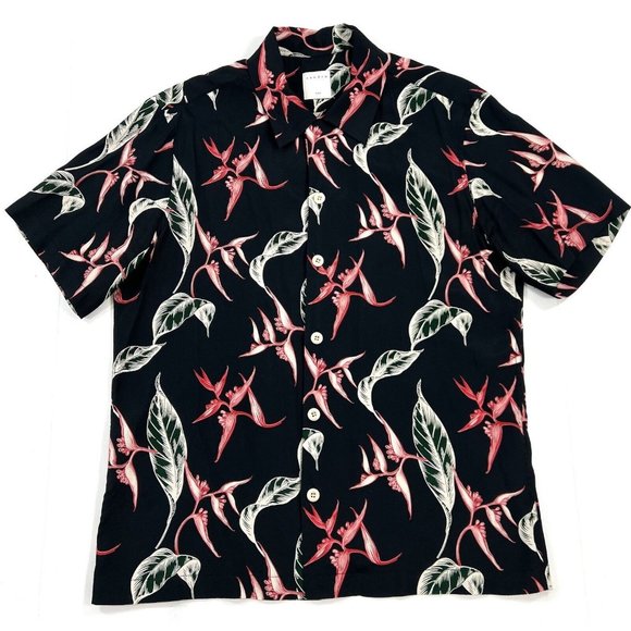 Sandro Paris Mens Size Small Hawaiian Camp Shirt Floral Print Black Pink